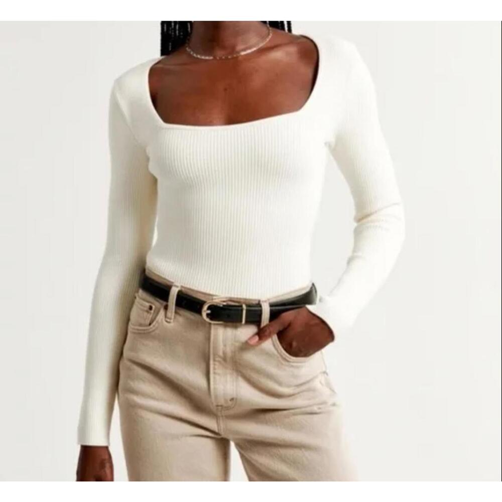 ABERCROMBIE cream ribbed square neck bodysuit sz L